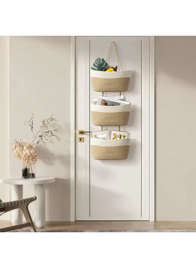 White And Khaki Fabric Hanging Storage Basket Set Wall Mounted Organizer For Living Room Bedroom Kitchen - Image 1